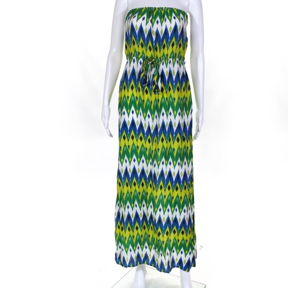 VINCE CAMUTO WOMEN'S STRAPLESS MAXI DRESS GREEN YELLOW BLUE SIZE SMALL - Picture 2 of 5